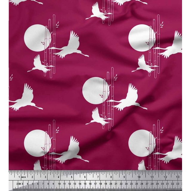 Soimoi Viscose Chiffon Fabric Bamboo Tree,Moon & Stork Bird Print Fabric by The Yard 42 Inch Wide