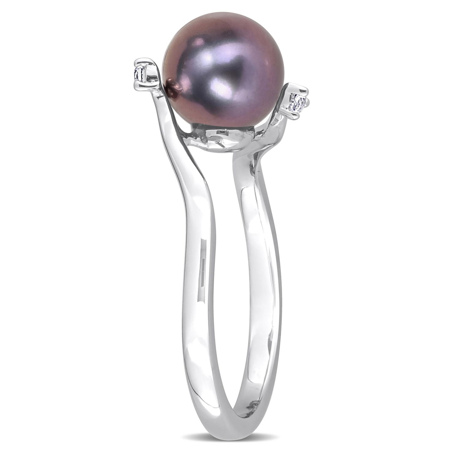 Miabella Black Freshwater Cultured Pearl and White Topaz Sterling Silver Bypass Ring