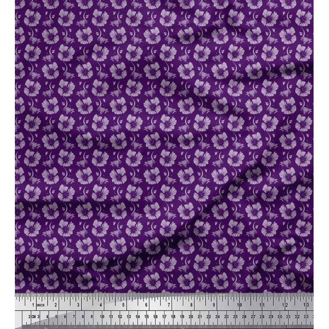 Soimoi Purple polyester Crepe Fabric Leaves & Floral Decor Fabric Printed Yard 42 Inch Wide