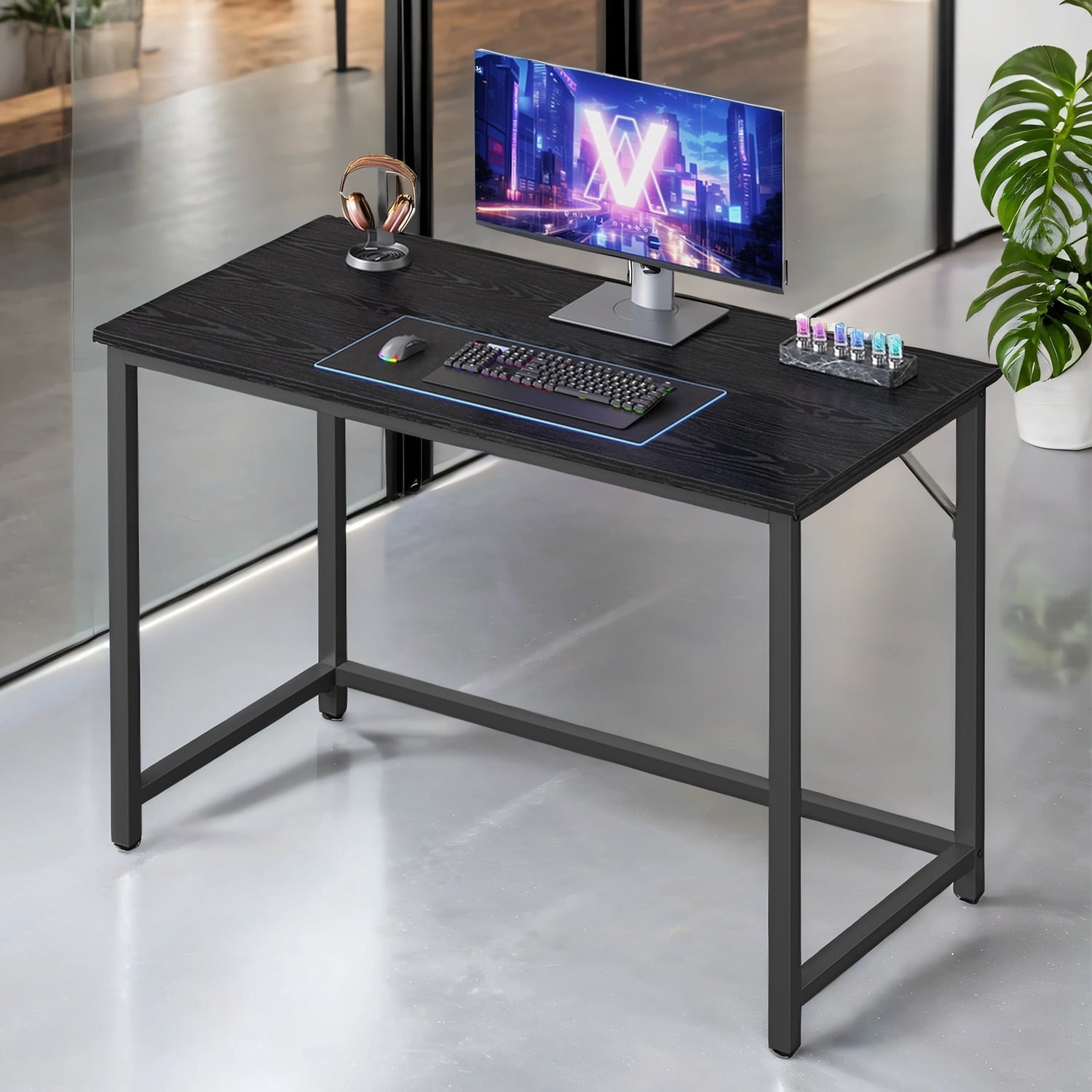 LEDREM 39.4" Computer Gaming Desk, Small Space Office Desk with Metal Frame, 110 lb Capacity, Industrial Style, Black with Wood Grain