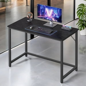 LEDREM 39.4" Computer Gaming Desk, Small Space Office Desk with Metal Frame, 110 lb Capacity, Industrial Style, Black with Wood Grain