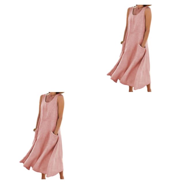 pitrice Robe d'Été en Coton et Lin pour Femmes Sans Manches Col Rond Style Boho Vintage Plage Couleur Unie Kaftan Ample Usage Quotidien Rose/m 2ensemble