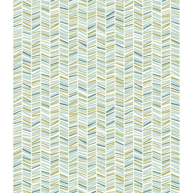 Mainstays Blue Broken Chevron Peel & Stick Wallpaper, 14.6 Sq. ft Removable peel-and-stick roll with asymmetrical broken chevron of light blue, teal, bright green and white dashes; 17.8-in x 9.8-ft roll (14.59 sq. ft), 20.8-in repeat, for smooth painted surfaces only, repositionable and removable leaving no sticky residue; suitable for lining shelves or decorative craft backsplashes.