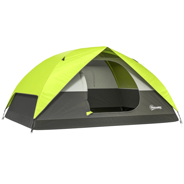 Outsunny 3-4 Person Pop Up Camping Tent, Waterproof Dome Tent in bright green and dark grey. This 4-season tent features a water-resistant polyester construction with a PE groundsheet, a large mesh window for ventilation and bug protection, and a built-in cable access for powering devices. It accommodates up to four people sitting or three sleeping comfortably. The tent includes a ceiling hook for hanging a lamp, two storage pockets for essentials, and a carrying bag for portability. Dimensions: 6.7' W x 9' D x 4.4' H.