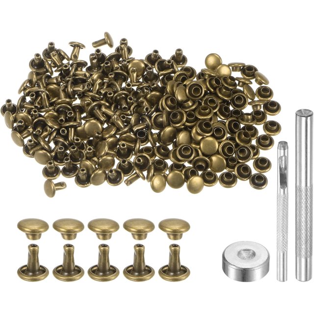 200 Sets Leather Rivets 6 x 6mm Metal Double Cap Rivet Snaps Studs Fasteners with 3pcs Setting Tools Rivets for Leather Craft DIY Repair Decoration, Bronze