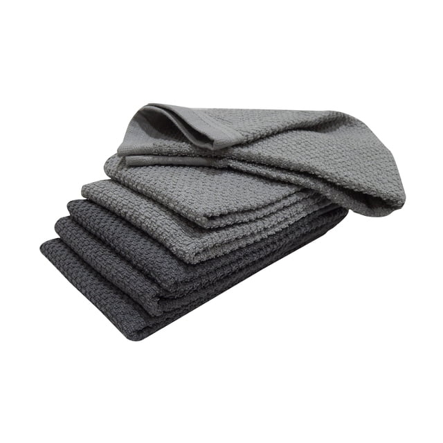 Mainstays Bar Mop Kitchen Towels 6 pack made of 100% cotton, folded and stacked in varying grey shades with a textured weave, suitable for drying dishes, wiping counters, and general kitchen use.