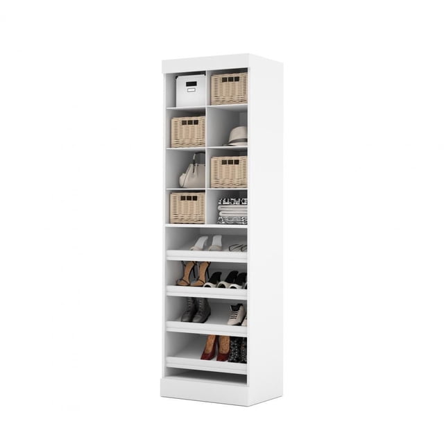 Pur by Bestar 25" Multi-Storage Cubby in white with 8 cubby compartments and 4 slanted shelves, designed for office storage and desk organization, shown holding wicker baskets, folded clothes, hats, handbags, and various pairs of shoes, also suitable for organizing small office supplies.