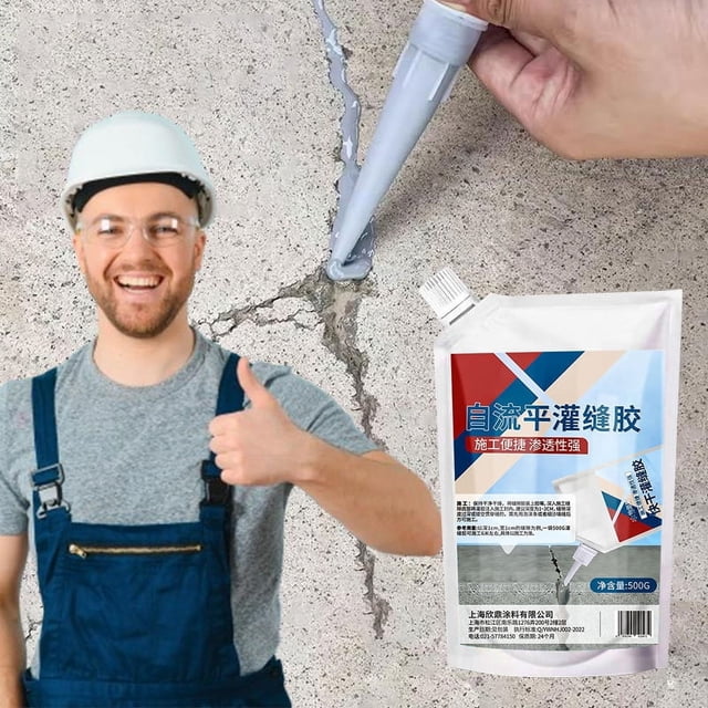 Vaidha Colle de Réparation de Fissures de Béton 500 ml Montrée en Utilisation, avec un Gros Plan de l'Adhésif Appliqué à une Fissure sur une surface en Ciment à l'Aide de l'Applicateur de Buse. l'Emballage du Produit Est Affiché au Premier Plan, Présentant un tube Compressible de 500 g avec un design Étiqueté. un Travailleur Portant un Casque de Sécurité et une Salopette Donne un Lever de Pouce en Arrière-Plan, Soulignant la Facilité d'Utilisation. Convient pour Réparer les Fissures du Béton