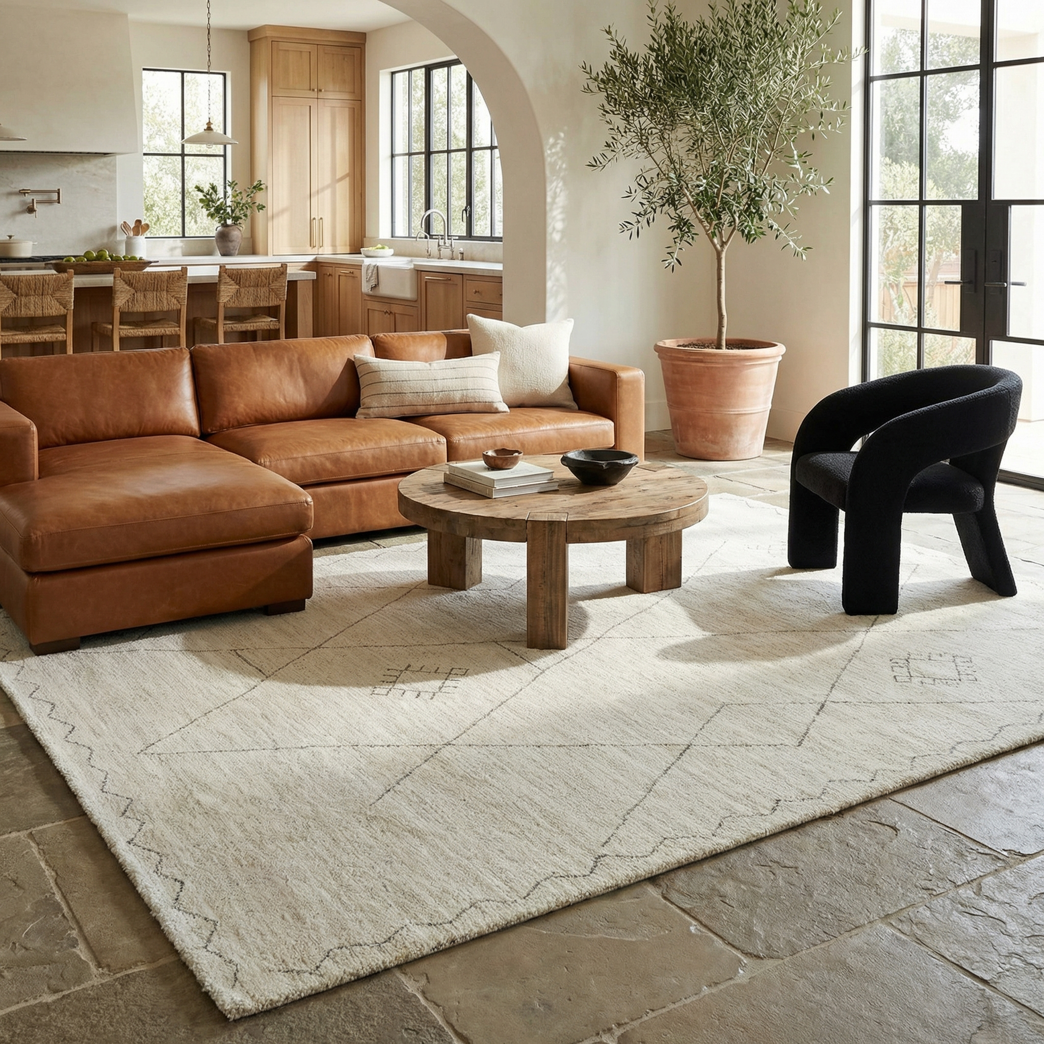 Tapis d'interieur abstrait Rug Branch Casa, beige creme, boheme - Salon, chambre, salle a manger et cuisine