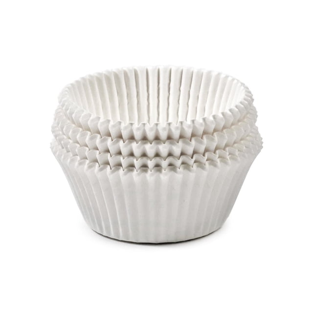 Pillsbury 75 pack White Large Paper Baking Cups stacked in a centered front view, showing fluted, greaseproof white paper cups with a 2-inch diameter base and 1.26-inch height, ideal for baking muffins and also suitable for serving cake balls or candies.