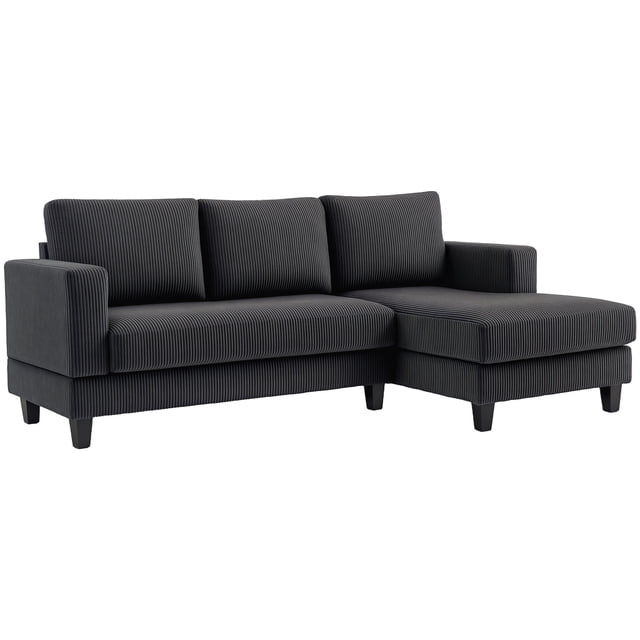 HOMCOM L Shape Sofa with Chaise Lounge Fabric 3 Seater Corner Sofa in grey. This sectional sofa features a two-seater and chaise lounge combination with soft corduroy fabric and high-density foam cushions. The sleek silhouette and textured upholstery complement modern living room decor. Dimensions: 84.3 inches wide, 52.8 inches deep, and 34.3 inches high. Supports up to 882 lbs.