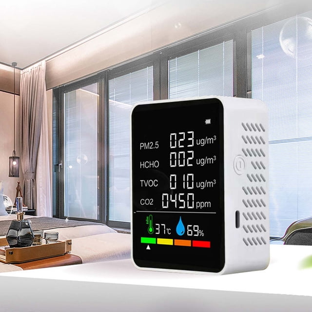 RXIRUCGD Moniteur de Qualité 5 en 1 Détecteur Intérieur HCHO Testeur TVOC avec Capteur de Température et d'Humidité Affichage LED Rechargeable Qualité