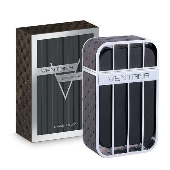 ARMAF S Ventana for Men Eau De Toilette Spray, 100 ml / 3.4 oz, featuring a sleek rectangular bottle with a metallic grid design and a textured grey finish. The packaging includes a matching box with a modern striped pattern and Ventana branding.