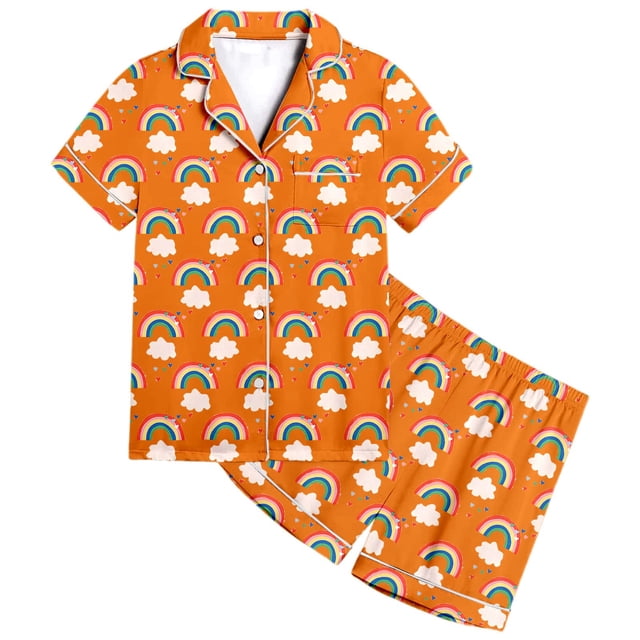 MIASHUI Girls Rainbow Pattern Short Sleeve Shorts Pajamas Set 2-Piece Outfits,Orange,12-13 Years