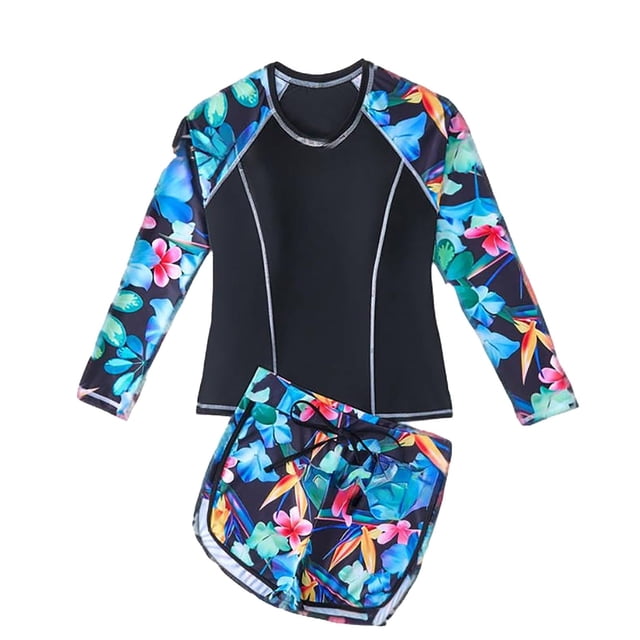 MIASHUI Girls Bathing Suits Long Sleeves Rash Guard Athletic Swim Shorts Sets Swimsuit,Blue,14-15 Years