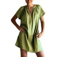 thumbnail image 2 of Liquidation d'Été 2025! Robe pour Femme Grande Taille, Liquidation de Robes d'Été pour Femmes, Robe Décontractée Unie pour Femme à Manches Courtes, Col en V, Coupe Régulière, Plissée, Multicolore, Coupe Droite, 2 of 5