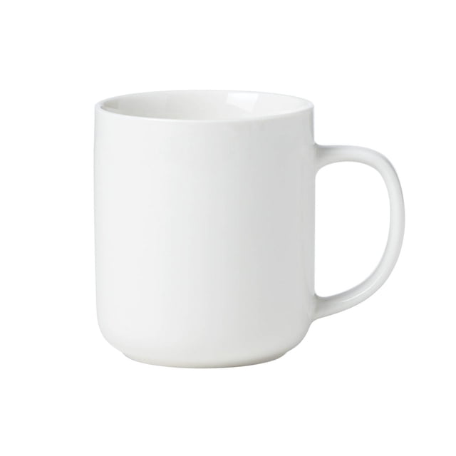 Oneida 365 24 Seven White Mug, a bright white porcelain coffee cup with a rounded cylindrical shape and large handle, dishwasher and microwave safe for easy cleaning, ideal for everyday hot beverages and casual dining, also suitable for serving tea or hot chocolate.