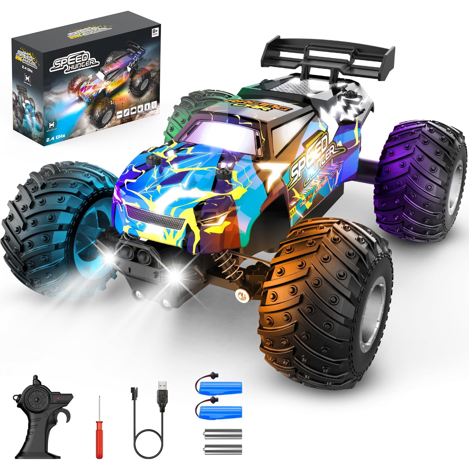 Remote Control Car, 1:18 2WD Off-Road RC Truck 20 KM/H, All-Terrain RC Cars with Headlights, BodyLights, 2.4GH Rechargeable Remote Control Monster Truck,