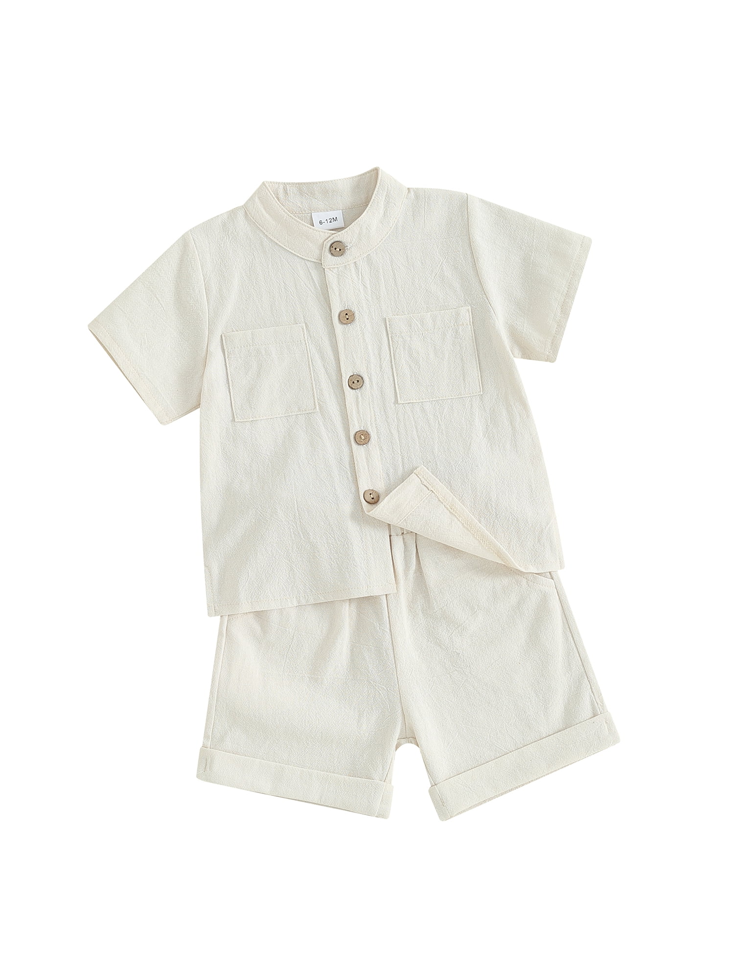 Gupgi Boys Summer Cotton Outfits Kids Solid Color Buttons Short Sleeve Tops Elastic Waist Shorts, 2Pcs Set