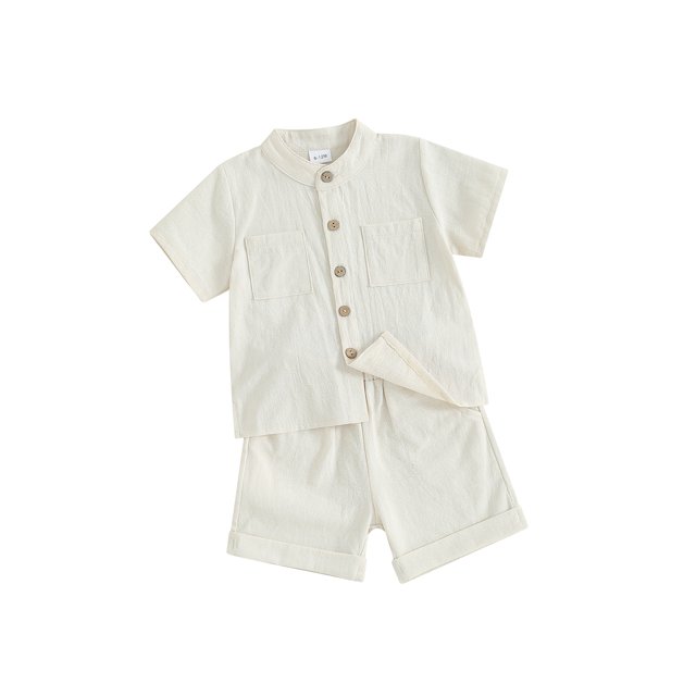 Gupgi Boys Summer Cotton Outfits Kids Solid Color Buttons Short Sleeve Tops Elastic Waist Shorts, 2Pcs Set