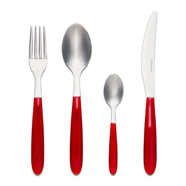 ARIMI Nilu Italian Stainless Steel 24 Piece Flatware Set with red handles, including 6 tablespoons, 6 dinner knives, 6 dinner forks, and 6 coffee spoons. The flatware features a mirror-like polish and soft, rounded lines for a refined touch. Crafted in Italy, this set combines timeless design with superior craftsmanship.