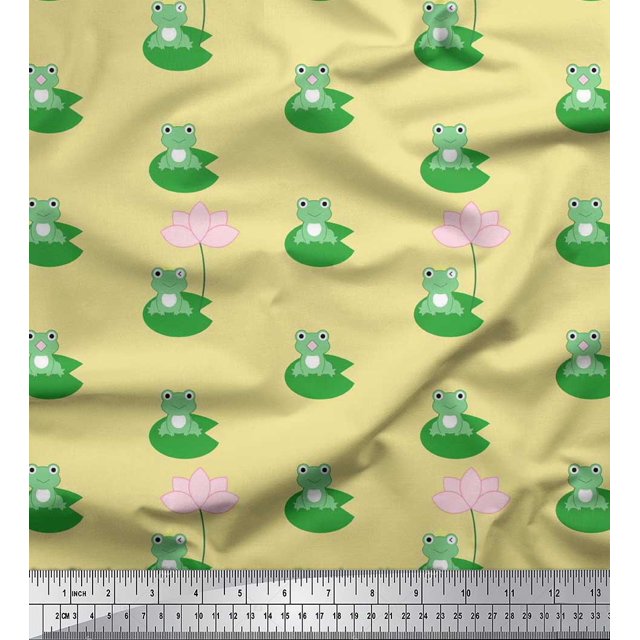 Soimoi Poly Crepe Fabric Lotus & Frog Kids Fabric Prints by Yard 42 Inch Wide