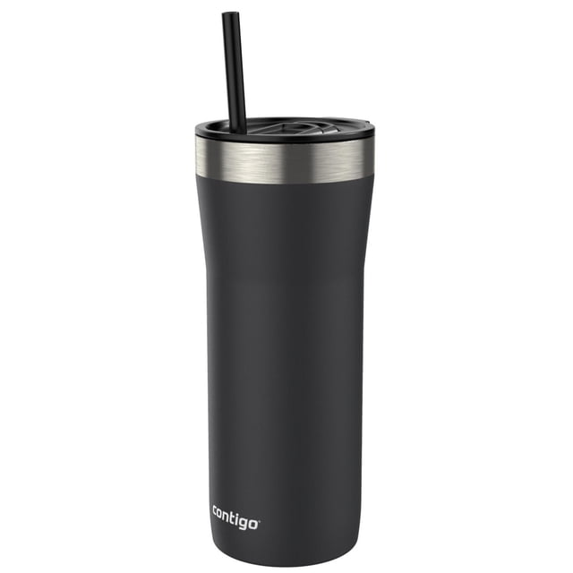Contigo Streeterville Stainless Steel Tumbler with Plastic Straw and Splash-Proof Lid, 32 oz, in matte black with brushed steel rim, double-walled vacuum insulation keeping drinks hot for up to 9 hours or cold for up to 29, featuring a splash-proof slider lid, reusable black polypropylene straw, and non-slip base, ideal for confident sipping at home or on the go.