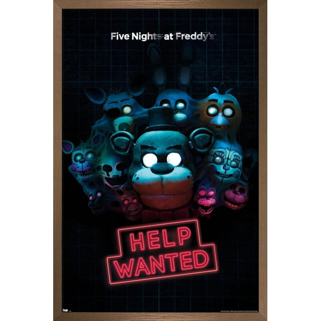 Five Nights at Freddy's - Affiche Murale « Help Wanted », 22,375 Po x 34 Po, Présentant des Personnages Animatroniques Lumineux du Jeu sur un Fond à Grille Sombre avec un Panneau Néon Rouge « Help Wanted » sous la Figurine d'Ours Centrale, Imprimée sur du Papier Affiche Lustré avec un Cadre Brun, Convient à la Déco Murale de Salle de Jeux Ou de Fête.
