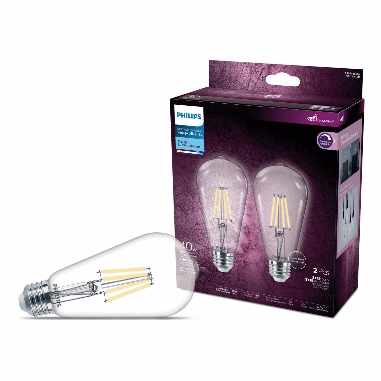 PHILIPS Ampoules à DEL ST19 de 4,5 W à intensité non variable et à culot moyen, lumière du jour, vintage, paquet de 2
