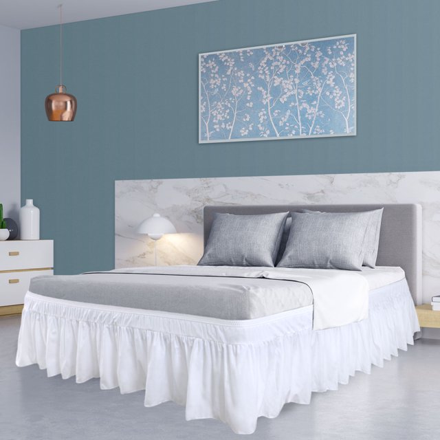 PiccoCasa Polyester Brushed Bed Skirt with Elastic Dust Ruffles, Twin size in snow white, featuring a 16-inch drop. Made of 110 gsm microfiber, it is durable, washable, and conceals under-bed storage for a tidy bedroom appearance. Elastic bands ensure easy installation and removal, complementing bedroom decor.