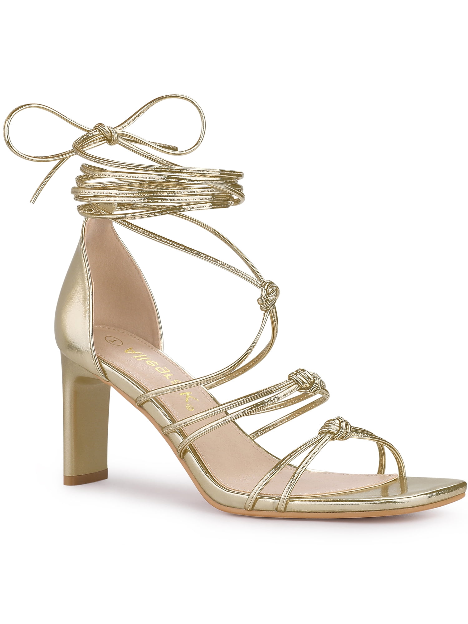 BLISSFUL STEP Women's Lace Up Strappy Block High Heels Sandals Gold 8