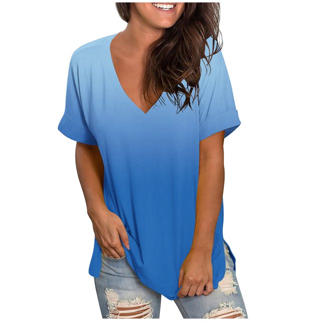 Blouses pour Femmes Mode Décontractée Dégradé Col en V Manches Courtes T-shirt Ample