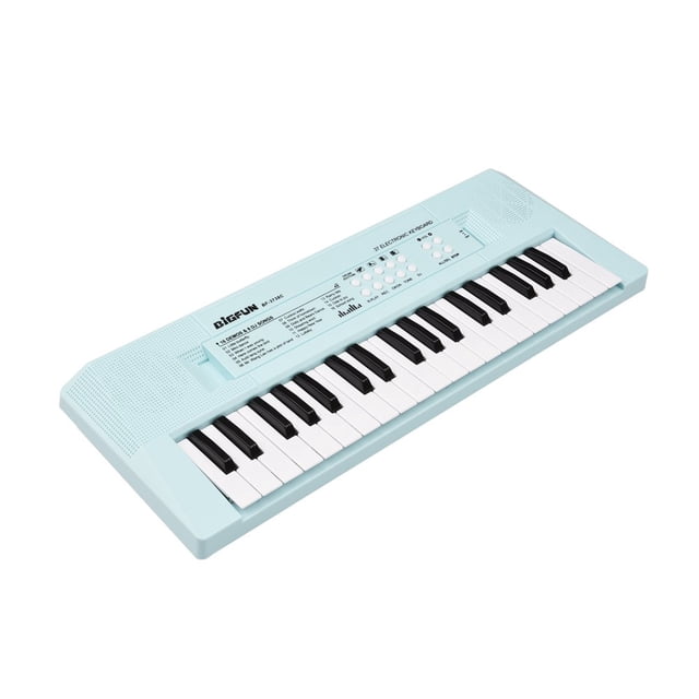 DEBGFS Electronic Piano with 37-Key Electronic Keyboard Piano for children in blue. Features a compact and lightweight design with 2 timbres, 16 demonstration songs, adjustable volume, and a mini microphone for added functionality. Ideal for beginners and portable use.