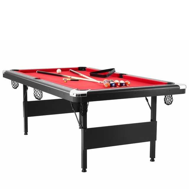 KFFKFF Pool Table, 7-foot, Compact Folding Design, Complete Billiard Set with Balls, Sticks, Chalks, and Brush, Black Frame with Red Felt, Ideal for Home Entertainment for All Ages
