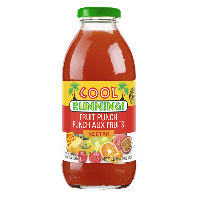 COOL RUNNINGS NECTAR de PUNCH aux fruits dans une Bouteille en Verre Transparent de 473 ml avec un Bouchon Vert, Présentant une Étiquette Jaune et Rouge avec des images de fruits Tropicaux Incluant des Fraises, des Tranches d'Orange, de l'Ananas, de la Pomme Verte et du FRUIT de la passion, Mettant en Valeur 40 % de Jus et une Riche Vitamine C, Idéal pour Rafraîchir des Mélanges de Jus de fruits Ou comme base de cocktail.