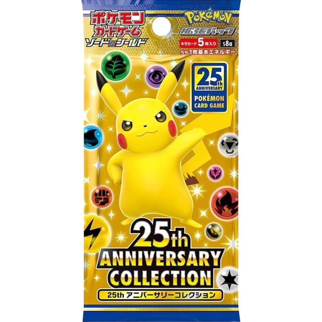 1 Paquet Pokemon 25th ANNIVERSARY COLLECTION s8a Booster Japan TCG Carte avec Emballage Doré Mettant en Vedette Pikachu au Centre. le Paquet Célèbre le 25e Anniversaire de Pokémon et Comprend des Cartes à Échanger en Édition Limitée avec des Symboles d'Énergie et une Étiquette promo Spéciale.
