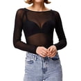 thumbnail image 4 of Besolor T-Shirt à Col Rond pour Femme en Maille Transparente, Coupe Ajustée, Manches Longues, Transparent, Tenue de Boîte de Nuit, Blouse Chemise de Fête, 4 of 6