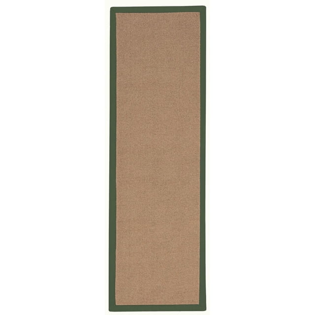 Athena Cork & Green 2'6" x 12' Runner with a natural cork-coloured wool center and dark green cotton binding, tufted and hand sewn with mitered corners, designed for durability in hallways or bathrooms and suitable for rug layering.