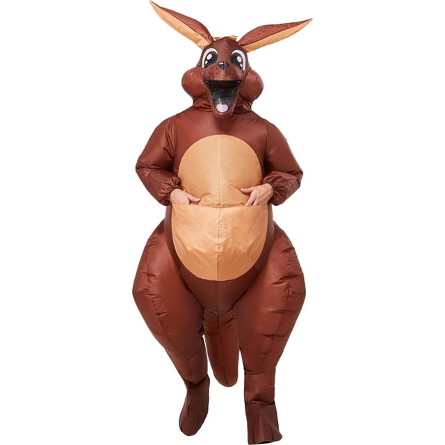 Kangaroo Adult Inflatable Costume in brown and tan polyester with an inflatable pouch, large ears, and built-in fan (batteries not included), shown front-facing on a person, ideal for Halloween and adult costume parties, also suitable for themed animal costume events.