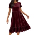 thumbnail image 1 of JGGSPWM Women's Vintage Velvet Dress Solid Color Loose Round Neck Short Sleeve Elastic Waist Tiered Ruffle A-Line Flowy Maxi Dress Red S, 1 of 9