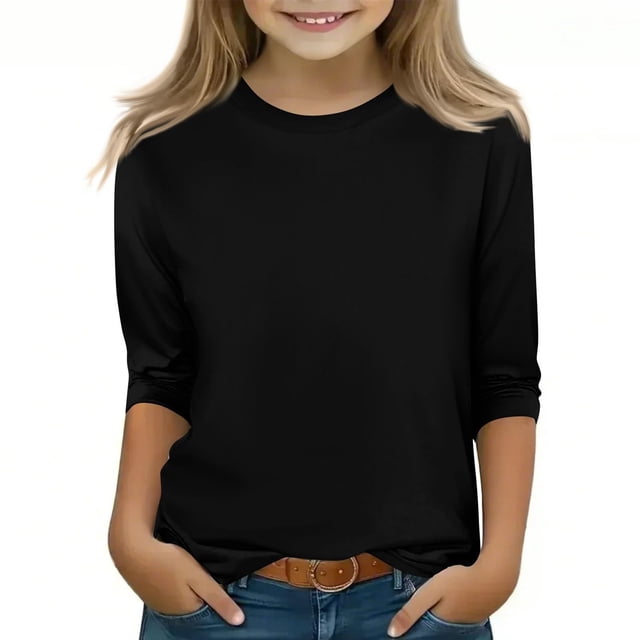 Plebaso Garçons Filles T-Shirts à Manches 3/4 Col Rond Blouse T-Shirt Basique Hauts Décontractés Unis T-Shirts Légers