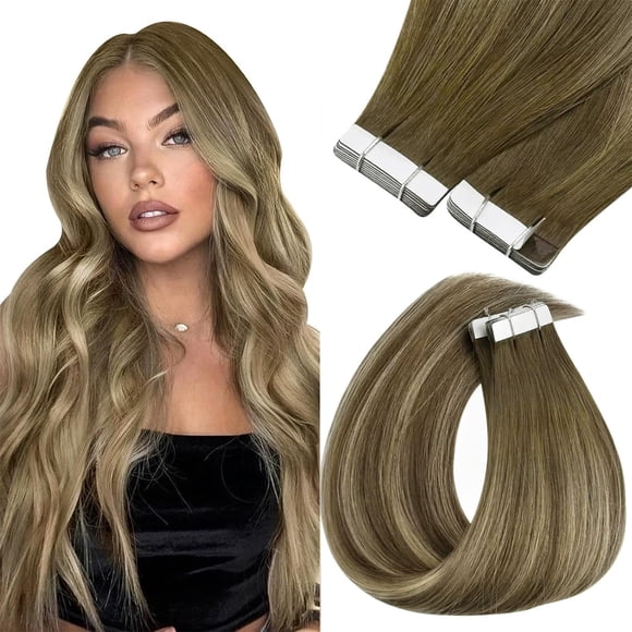 Sunny Hair Tape in Hair Extensions Human Hair Invisible Tape in Extensions 20Pcs Straight Remy Real Human Hair Extensions for Women Cool Brown Ombre Light Brown Balayage Blonde 12inch