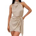 thumbnail image 1 of Robes d'Été Satin Sans Manches Dos Nu Col Roulé Ceinture Enveloppante Cocktail Grande Taille Robe A m, 1 of 3