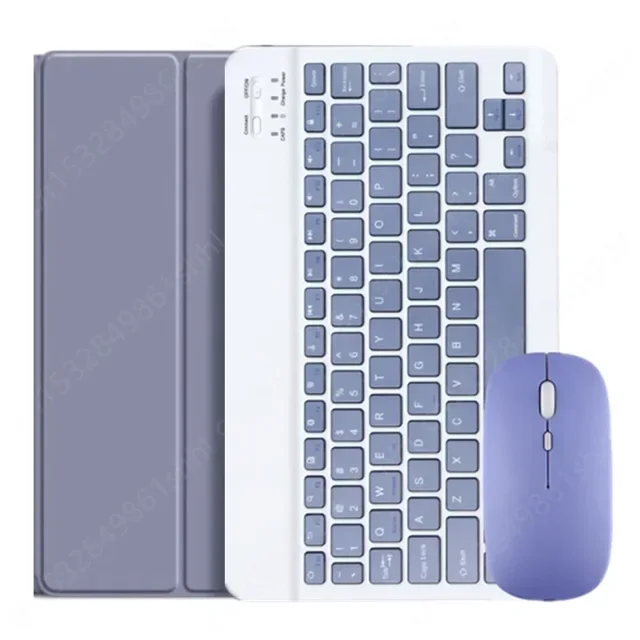 For Samsung Galaxy Tab A9 Plus 2023 Tablet Keyboard Case in lavender, featuring a silicone protective case, Bluetooth-compatible magnetic wireless keyboard, and matching mouse. Designed for the 11-inch Galaxy Tab A9 Plus, it offers shockproof, drop resistance, and anti-dust features. The keyboard supports multiple languages, including Russian, Spanish, and Portuguese. Made of leather with a solid pattern and casual style.