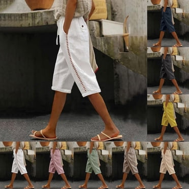 QATAINLAV Shorts en Coton et Lin pour Femmes Shorts d'Été 2024 Coupe Ample Longueur Genou Bermudas Décontractés à Cordon Jambe Droite Dentelle Ajourée Shorts de Plage avec Poches P Blanc TG