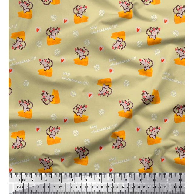 Soimoi Beige Cotton Duck Fabric Cheese Slice & Rats Kids Print Fabric by Yard 42 Inch Wide