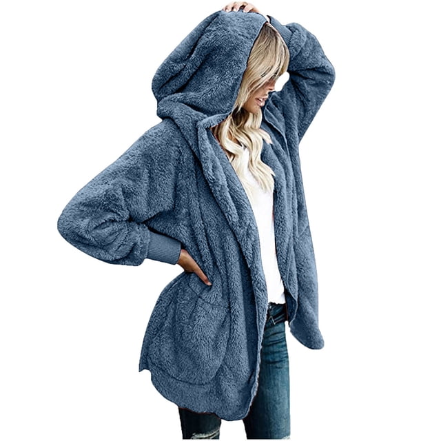 KIHOUT Spring Winter Warm Coat Women's Oversized Open Front Hooded Draped Pockets Cardigan Coat,Size S-2XL