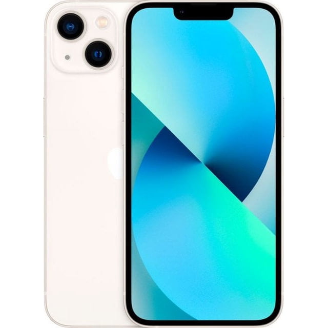 Téléphone Intelligent Déverrouillé Apple iPhone 13 Remis à Neuf 128 Go avec Écran Super Retina XDR de 6,1 Pouces, Système à Double Caméra avec mode Nuit et Écran Céramique pour une Durabilité Accrue. Offert en Couleur Claire avec une Vue Orientée vers l'Avant Mettant en Valeur l'Écran et les Doubles Caméras Arrière.