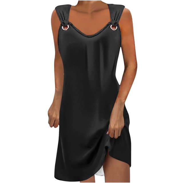 Penkiiy Robes d'Été pour Femmes 2024 Décontractées Imprimées Amples Couleur Unie Col Rond Tempérament Élégantes Robes Dos Nu L Noir