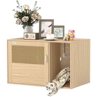 PawHut Cat Litter Box Enclosure with Rattan Door and Scratching Pad, Oak